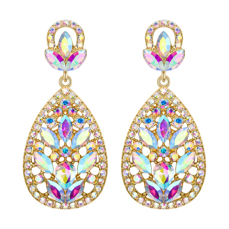 EleQueen Women's Wedding Bridal Austrian Crystal Bohemia Teardrop Chandelier Dangle Earrings Iridescent Clear Gold-Tone - Image 1